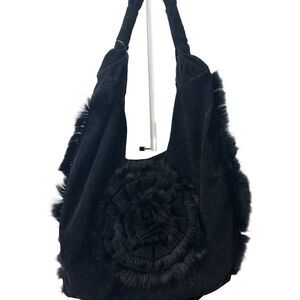 Vintage Black Fur-Trimmed Hobo Bag